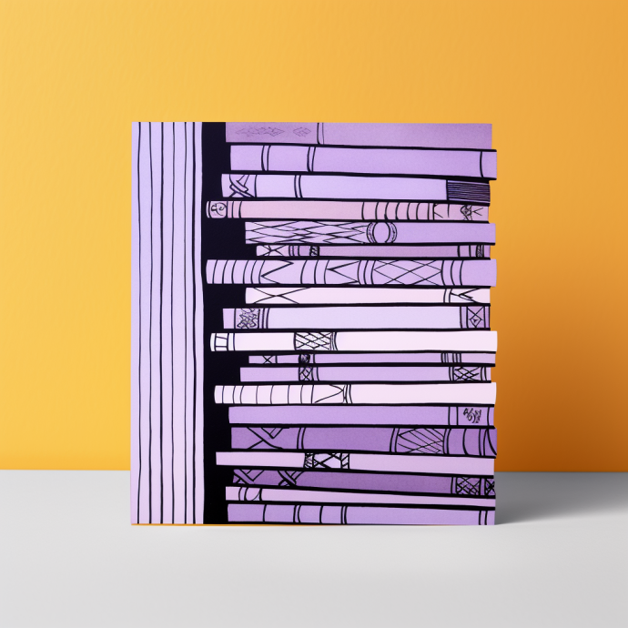 Cartoon-style image of stack of purple books against orange background - created using AI